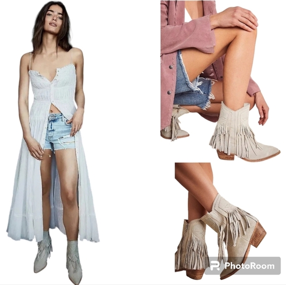 Free People Western Boots Woman  Lawless Bone/Sand Suede Leather Fringe New Sz 7 - Picture 5 of 17